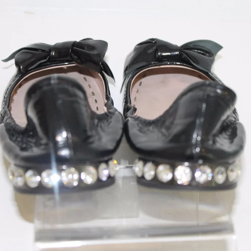 REDUCED MIU MIU Patent Leather Black w Bow Flats Embellished Heel 37 7